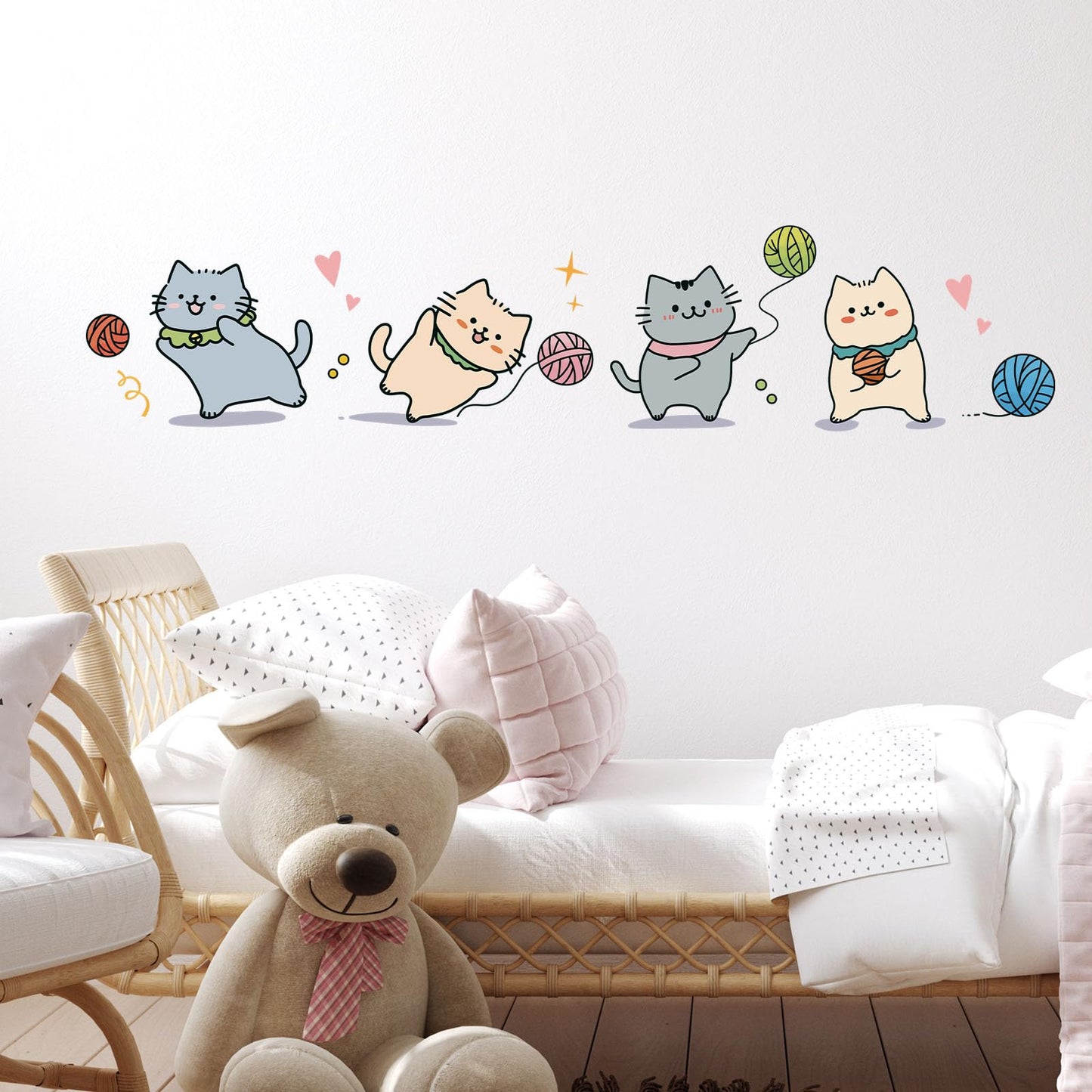 RoyoLam Cartoon Cute Cat Wall Stickers for Nursery Kitten Playing with Yarn Ball Wall Stickers for Kid Girl Baby Room Stickers Peel and Stick Wall Art Home Decor Living Room Bedroom Bathroom