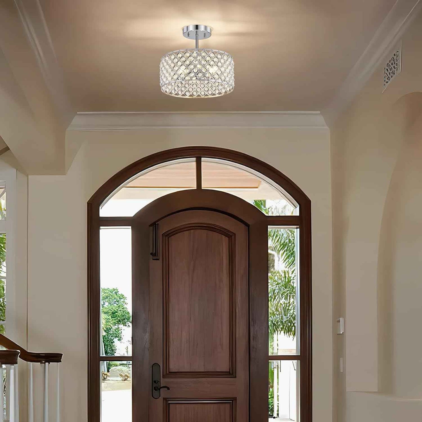 Modern Black Crystal Semi Flush Mount Ceiling Light Fixture - 11.2" Round Chandelier for Dining Room, Hallway, Kitchen & Bedroom
