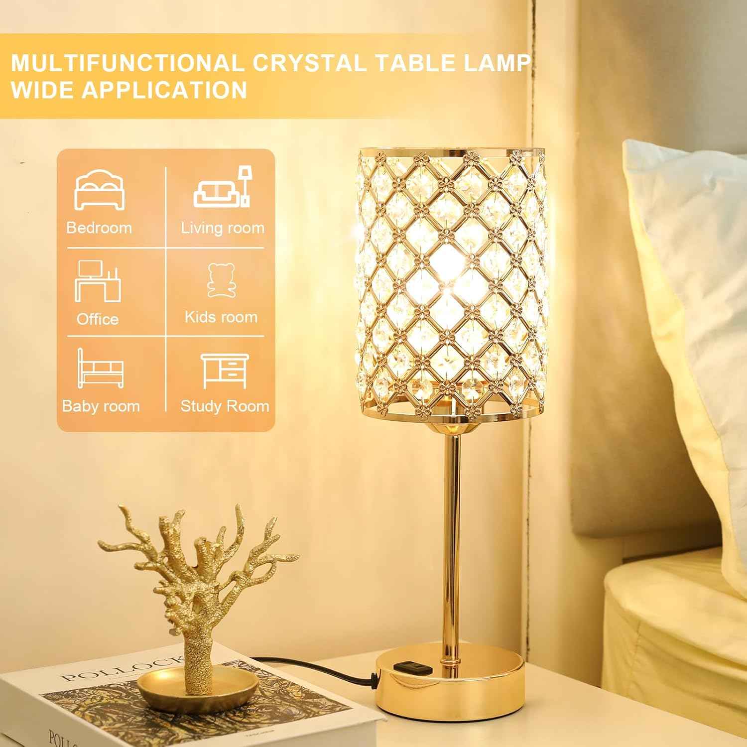 Dimmable Touch Control Crystal Table Lamp Set of 2 with USB-C & AC Ports - Elegant Nightstand Lighting for Bedroom & Living Room