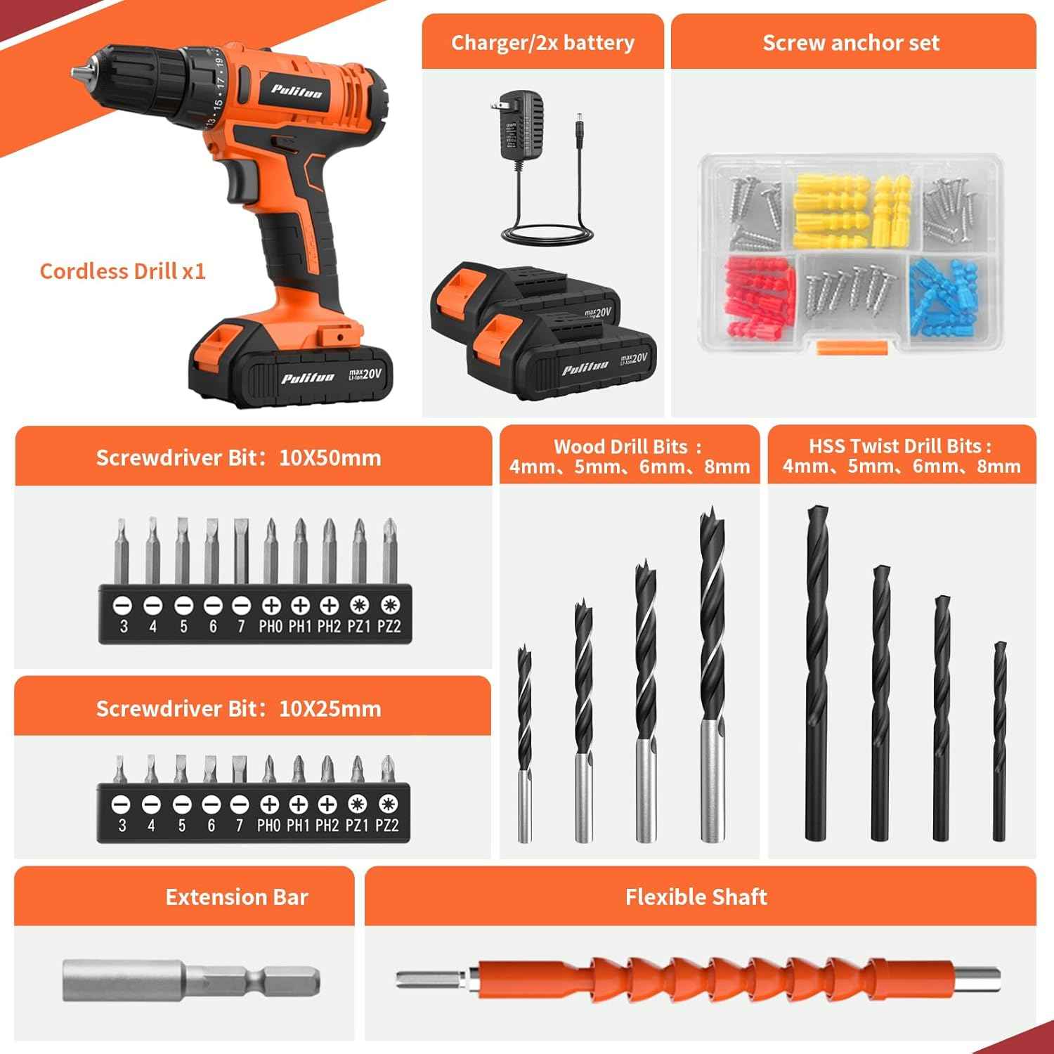 PULITUO'S 20V Cordless Drill/Driver, Electric Screwdriver - 2 Batteries, 30Nm, 21+1 Torque, 2 Speed, Keyless 3/8" Chase Drill with LED Light, Kit for Home (Green)