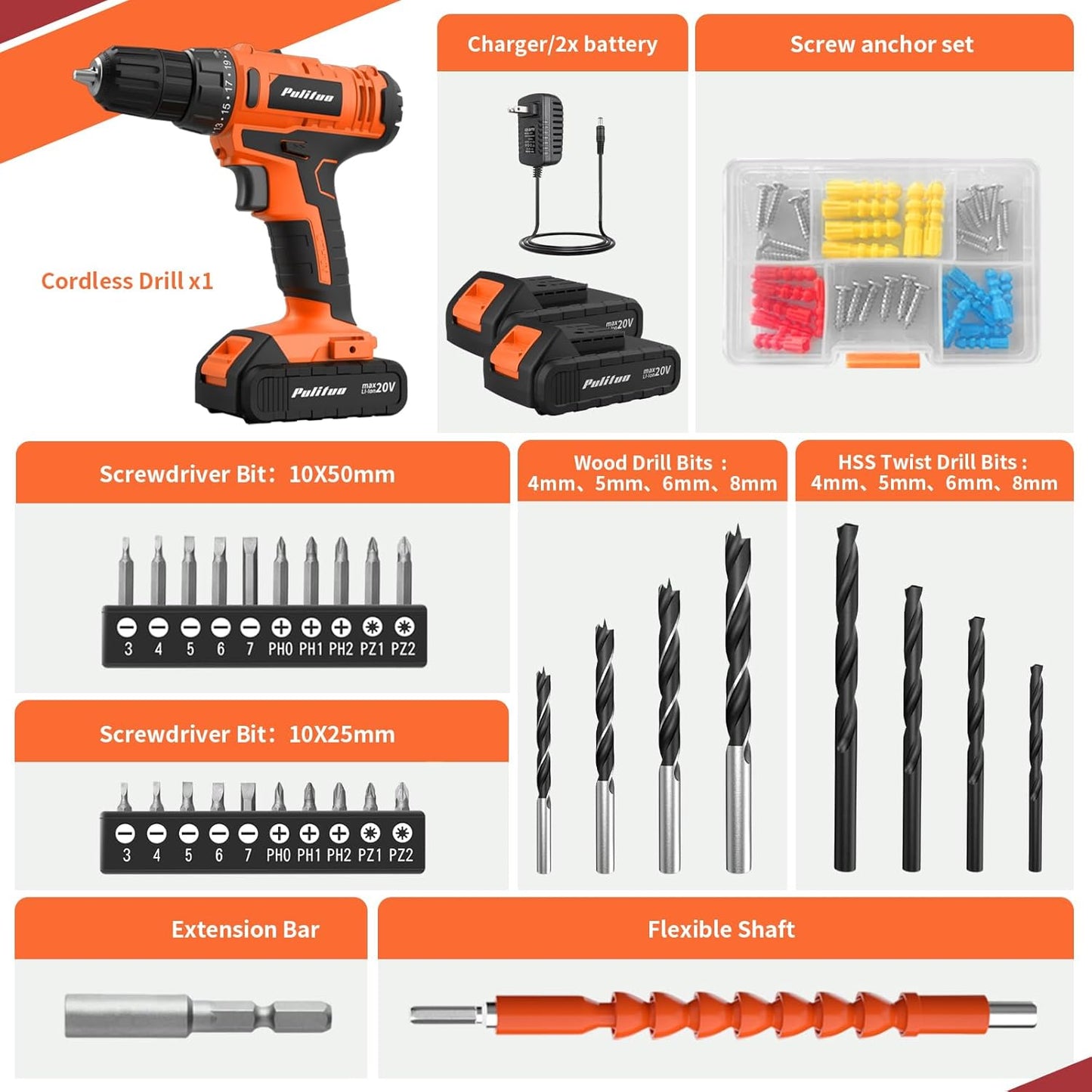 20V Cordless Drill/Driver Kit with 2 Batteries, 30Nm Torque & LED Light - PULITUO