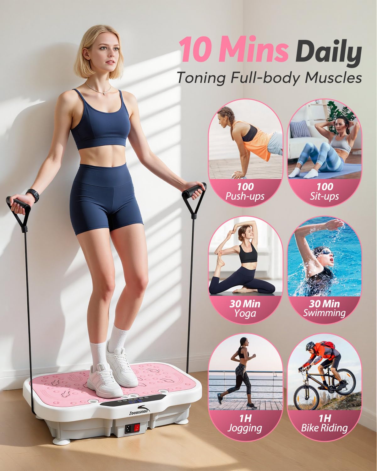 Zoomsnail Vibration Plate Exercise Machine, 8000 Vibrations/min Adjustable Fitness Platform, 400 Lbs Capacity Whole Body Workout Extra Large Size Platform with Bluetooth for Weight Loss, Women & Men
