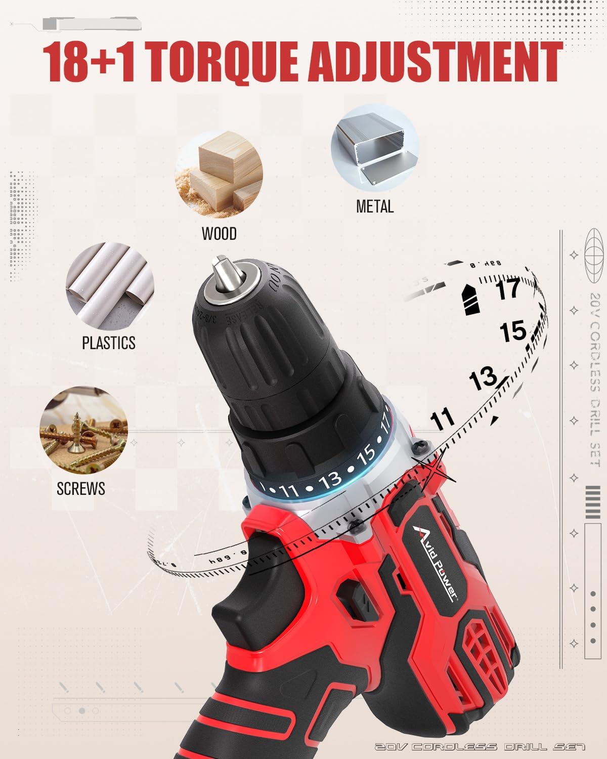 AVID POWER 20V MAX Cordless Power Drill Kit with Battery & Charger - 19 Torque Settings, 22 Bits
