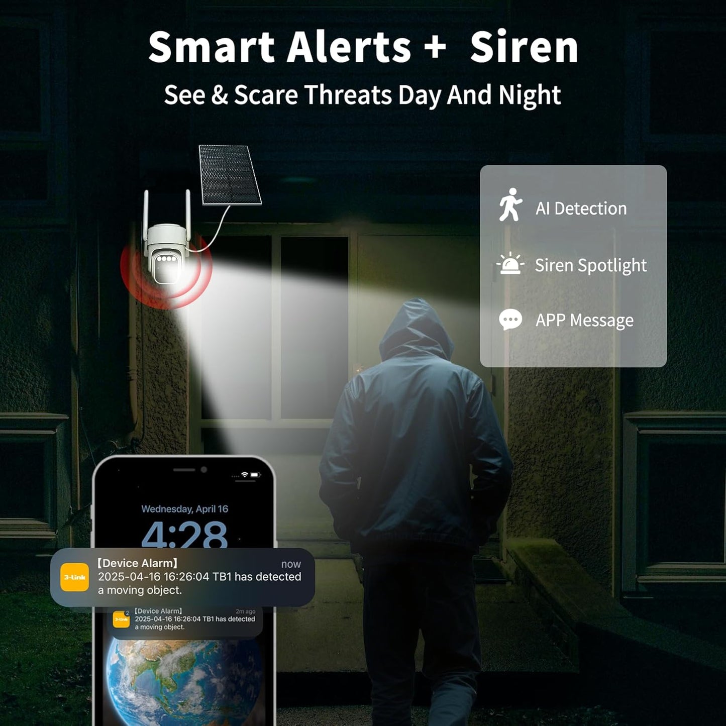 Wireless Solar Security Camera - 360° View, Two-Way Talk, Auto Tracking, Color Night Vision