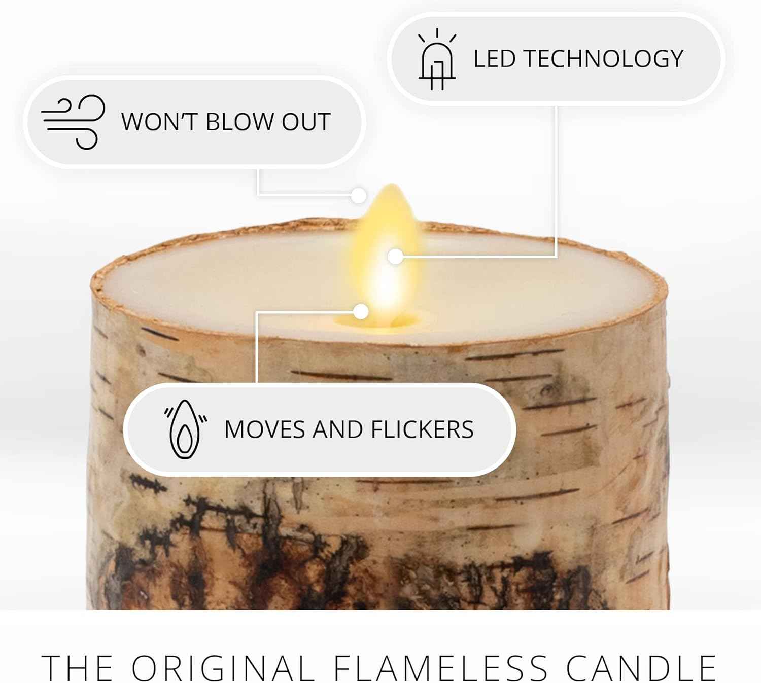 Realistic Moving Flame LED Pillar Candle with Birch Bark - Battery Operated, Remote Ready, 4x7
