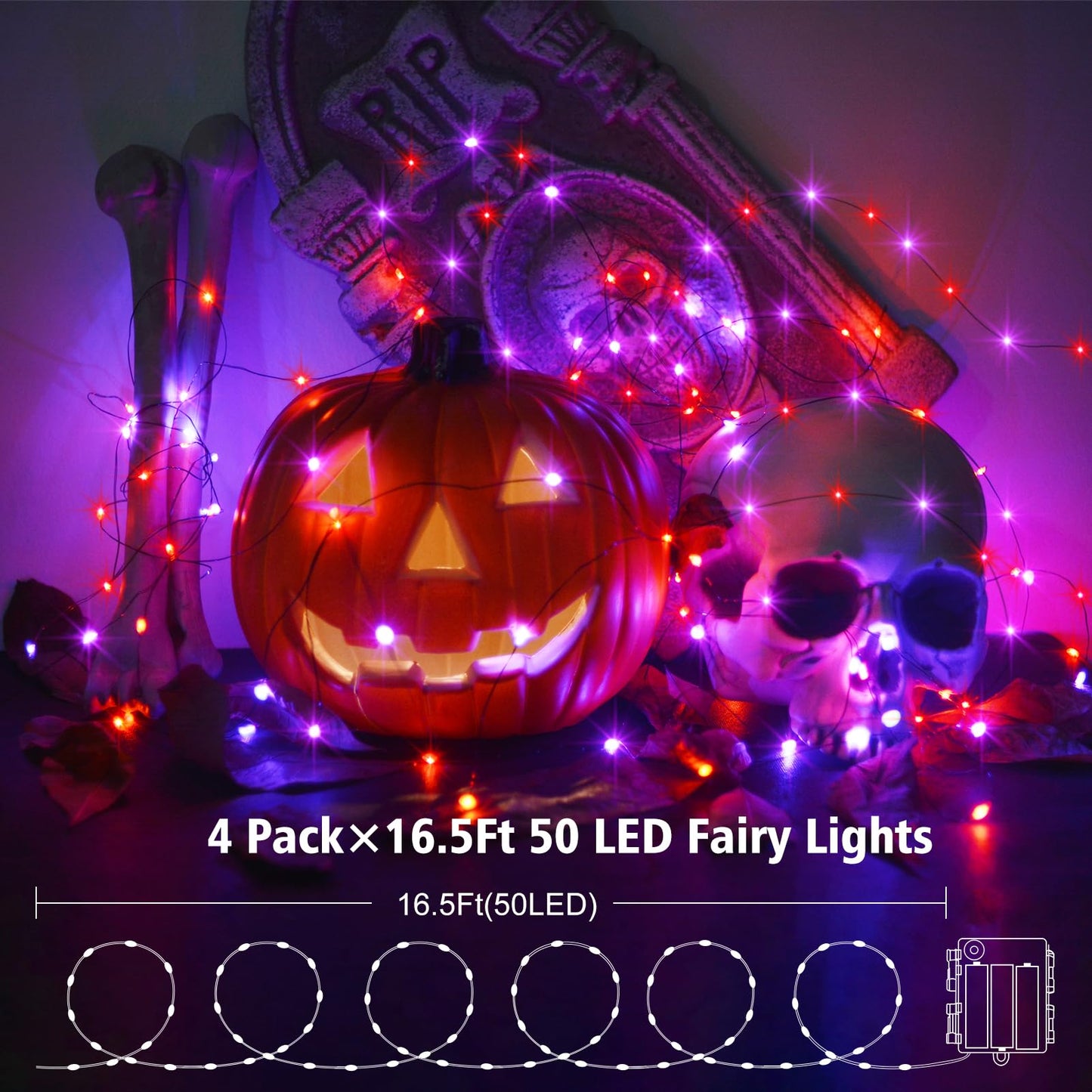 ZAIYW Halloween Fairy Lights Battery, 4 Pack 16.5Ft 50 LED Fairy Lights with Remote Control Timer 8 Modes, Black Copper Wire Twinkle Lights for Indoor Outdoor Halloween Decor (Purple Orange)