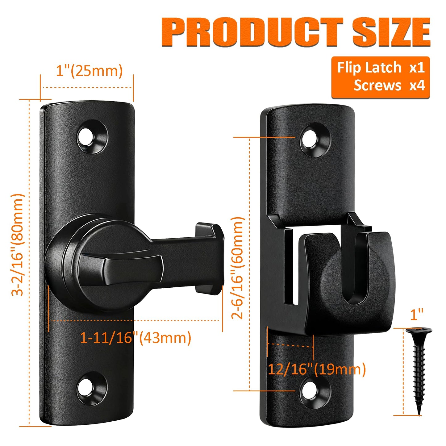 Upgraded Flip Door Latch, 90/180 Degree Heavy Duty Small Gate Lock for Safety and Privacy, Zinc Alloy Anti-Rust Latches for Barn Door, Sliding Door, Cabinet, Bathroom, Window Hardware (Black, 1PC)