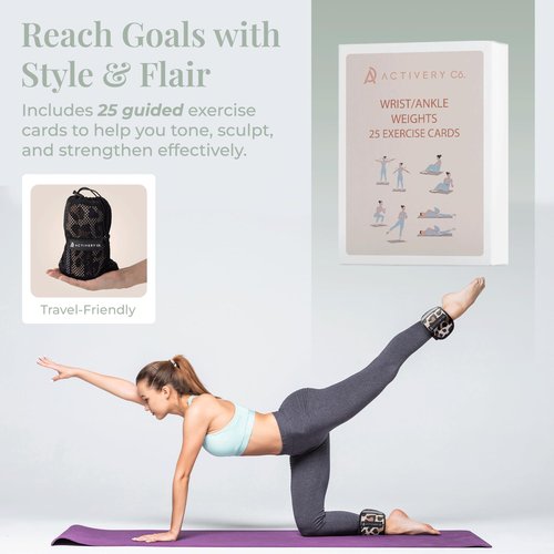 Activery Co. Wrist & Ankle Weights for Women, Ideal for Fitness Workout, Gym, Pilates, Dance, or Yoga, Includes Exercise Guide & Mesh Travel Bag, 1 Pair, 1 Lb Each, Leopard Print