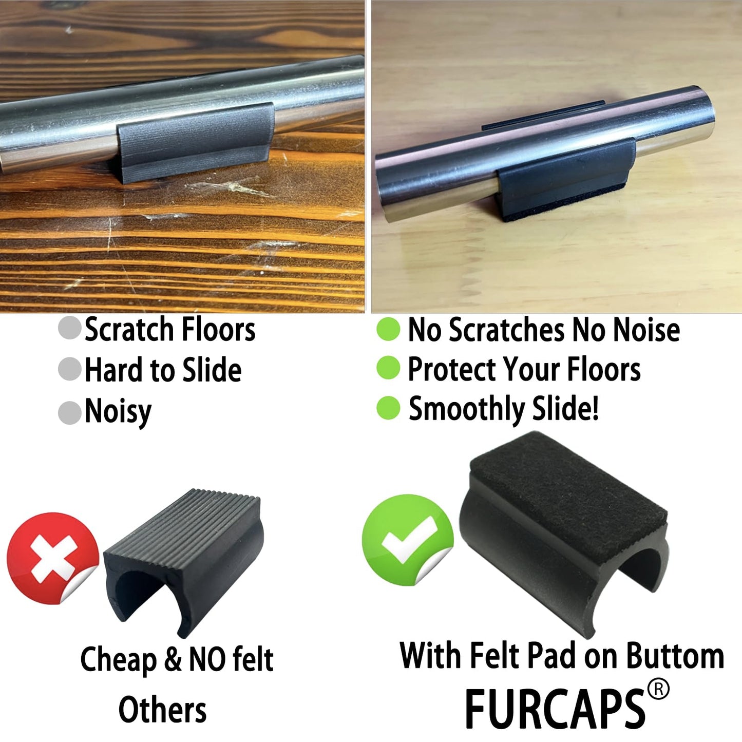 Rectangle U Shaped Chair Leg Tips Cap with Felt Pads,Furniture Feet Protectors Slide Smoothly Glides,Protect Hardwood Floor No Scratches No Noise,Fit 25mm(1 inch) Diameter Tubular Legs (Black 8PCS)