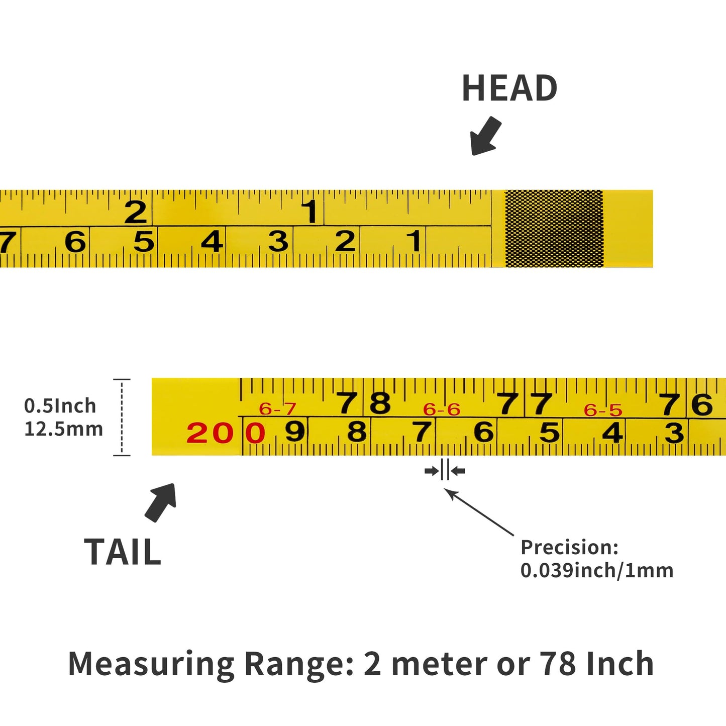 2 Packs Steel Self-Adhesive Measuring Tape, Right to Left Reading 200cm or 78-Inch Imperial and Metric Ruler Tape, 1/2-Inch Peel and Stick Tape Measure for Woodworking, Saw, Drafting Table, Yellow