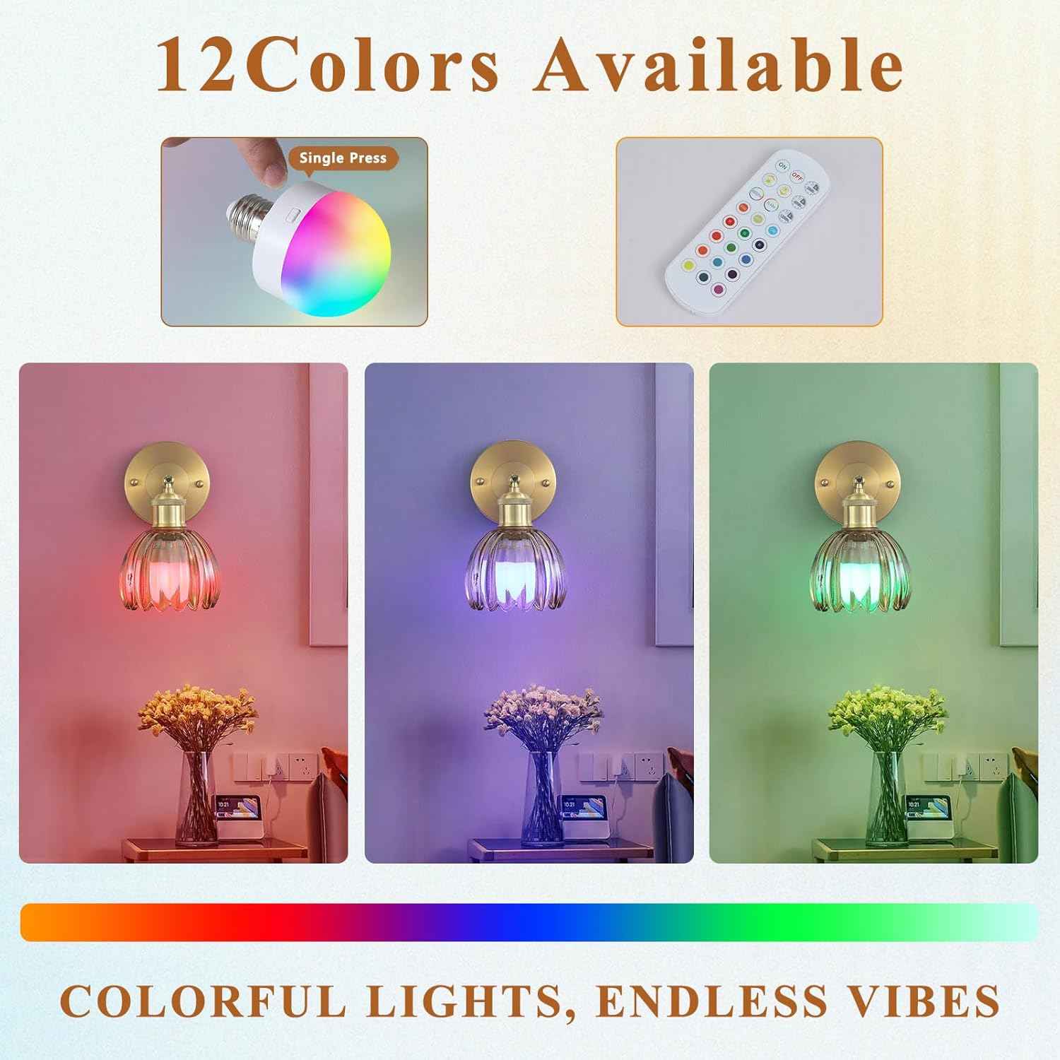 Rechargeable Vintage Wireless Wall Sconces - Gold LED Tulip Glass Lamps with Remote Dimming for Bedroom & Living Room