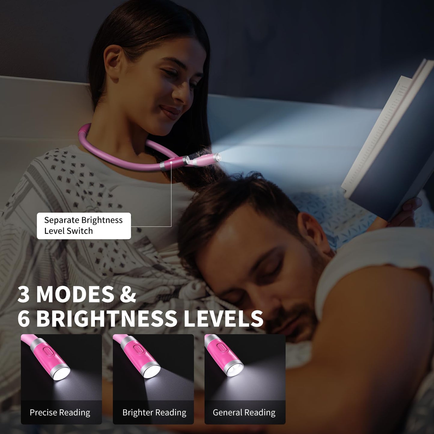 LUXJET Neck Reading Light & Book Light for Reading in Bed - Hands Free, 6 Brightness Levels, 360° Flexible Arms, 80-Hour Rechargeable - Reading, Knitting, Camping, Repairing (Pink-New)