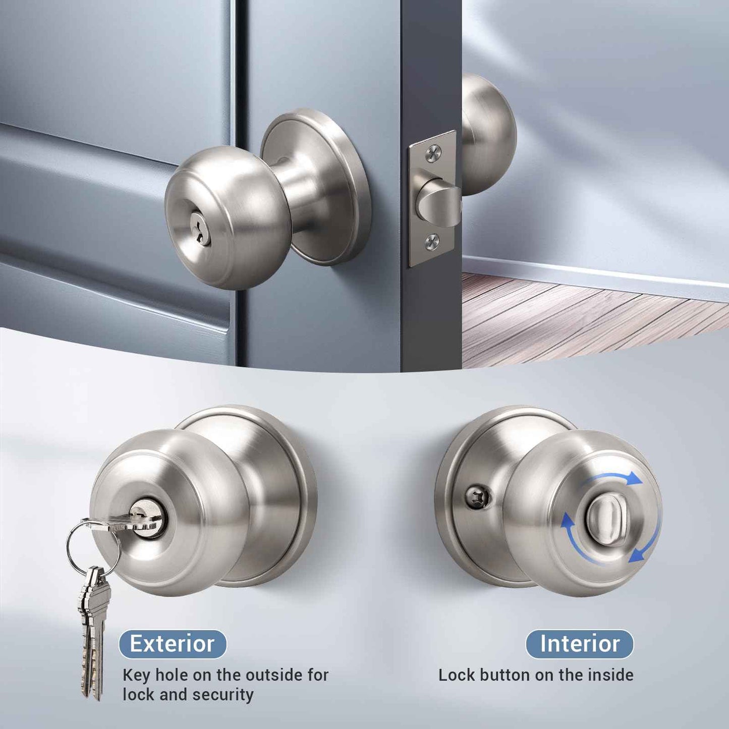 KNOBWELL 2 Pack Brushed Nickel Door Knob with Lock and Key, Keyed Alike, Exterior Keyed Door Knobs Lock with Same Keys in Solid Stainless Steel for Entrance and Front Door, Round Ball Handle