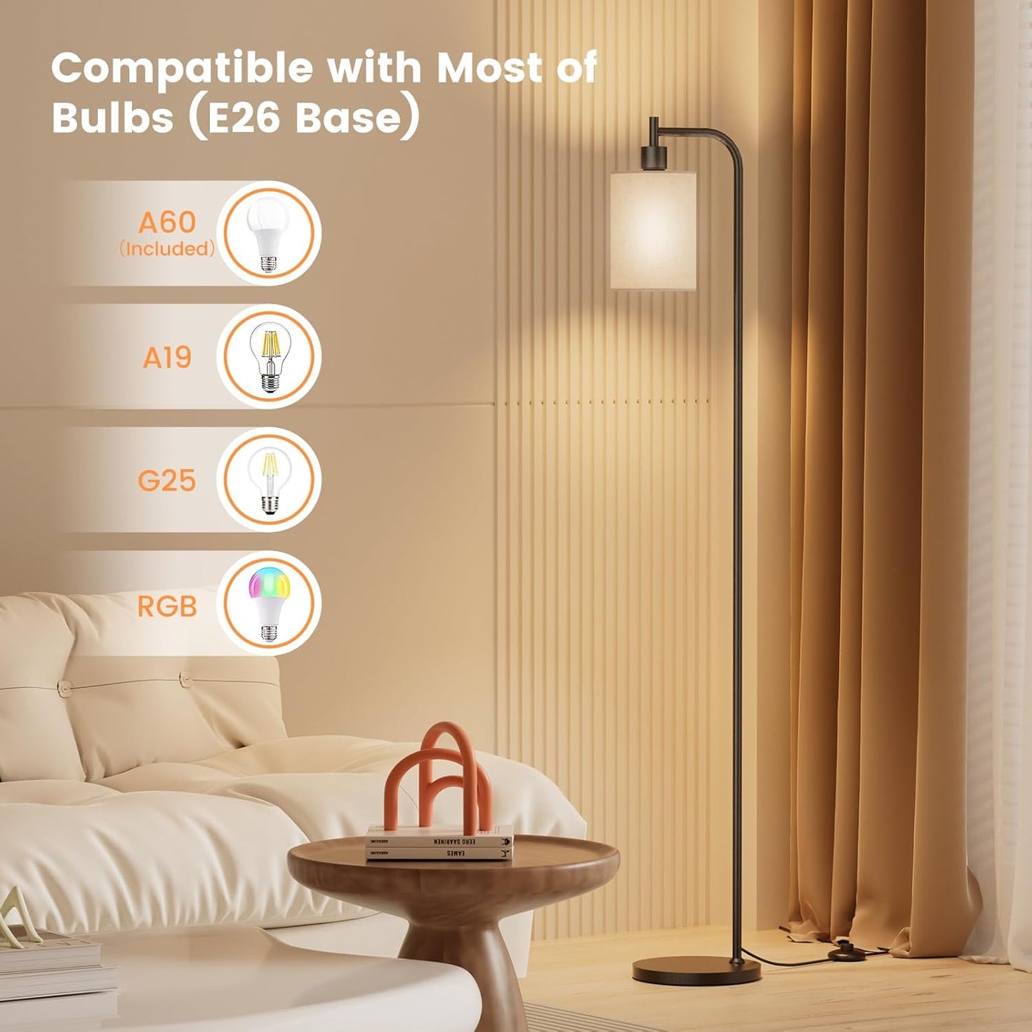 Dimmable Floor Lamp with Linen Shade & Remote Control - Modern 9W LED Standing Lamp for Living Room, Bedroom, Office