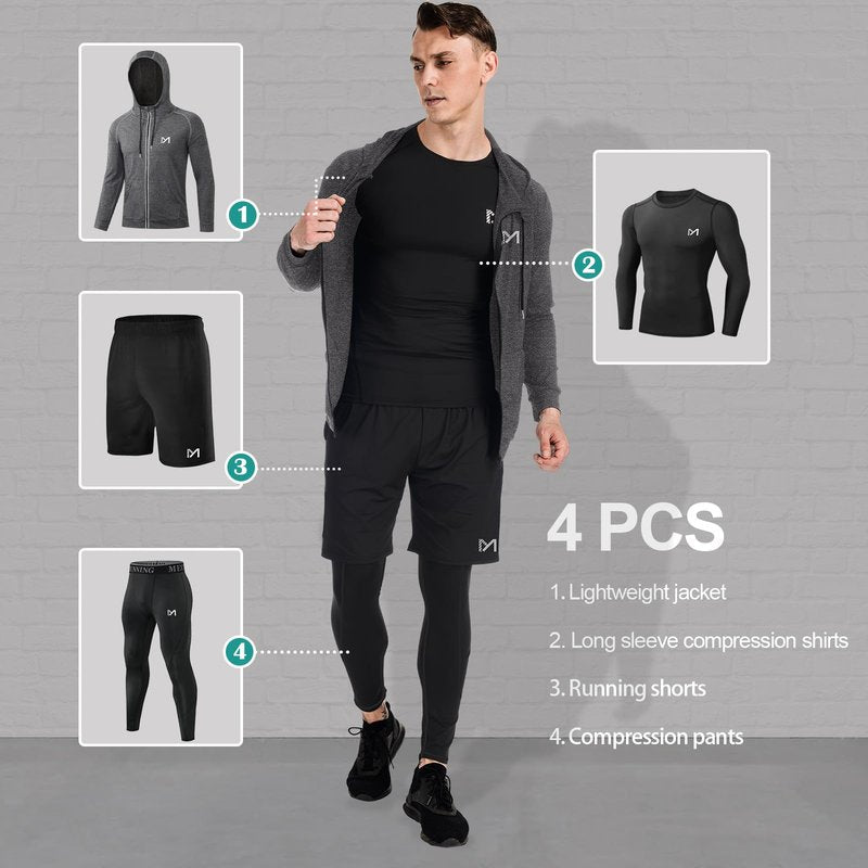 MEETYOO 4/5 Pcs Men's Compression Sets Pants Long Sleeve Shirt Athletic Shorts Running Jacket
