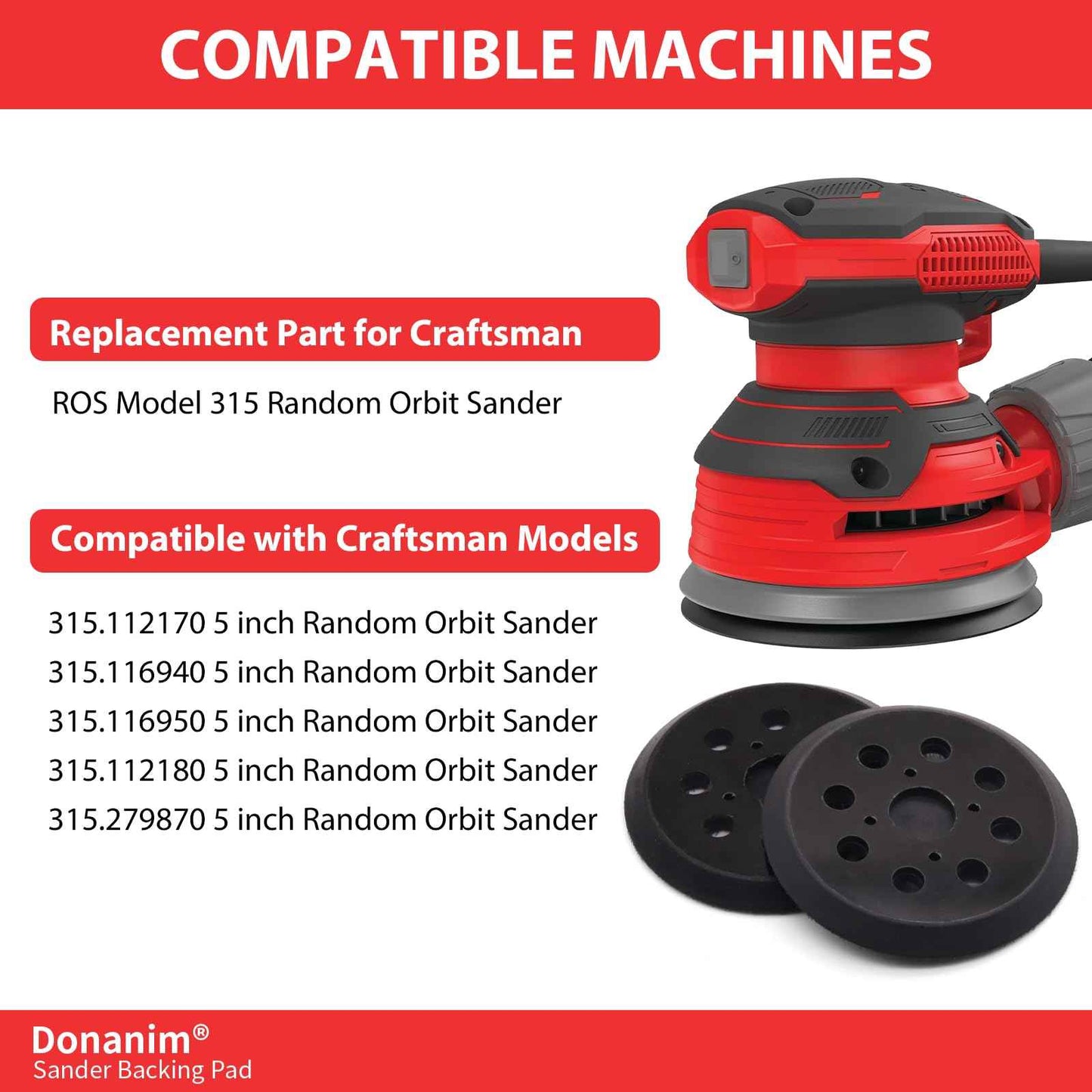 2 Pack Sander Pad Compatible with Craftsman, 5 Inch 8 Holes Hook and Loop Orbital Sander Backing Pad for 315.112170 315.116940 315.116950 315.112180 315.279870 ROS Model 315 Random Orbital Sander