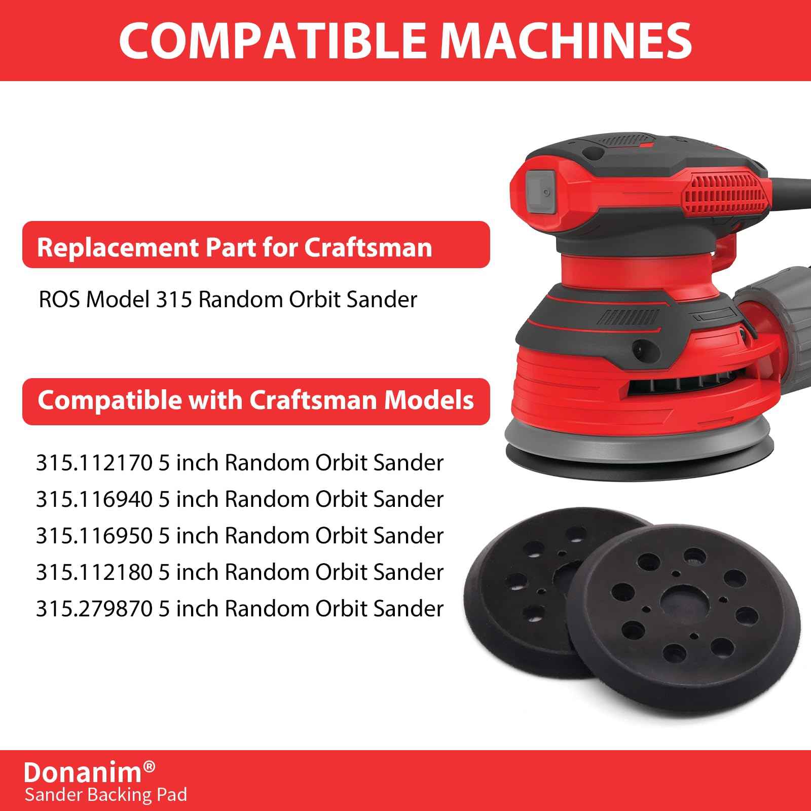 2 Pack Sander Pad Compatible with Craftsman, 5 Inch 8 Holes Hook and Loop Orbital Sander Backing Pad for 315.112170 315.116940 315.116950 315.112180 315.279870 ROS Model 315 Random Orbital Sander