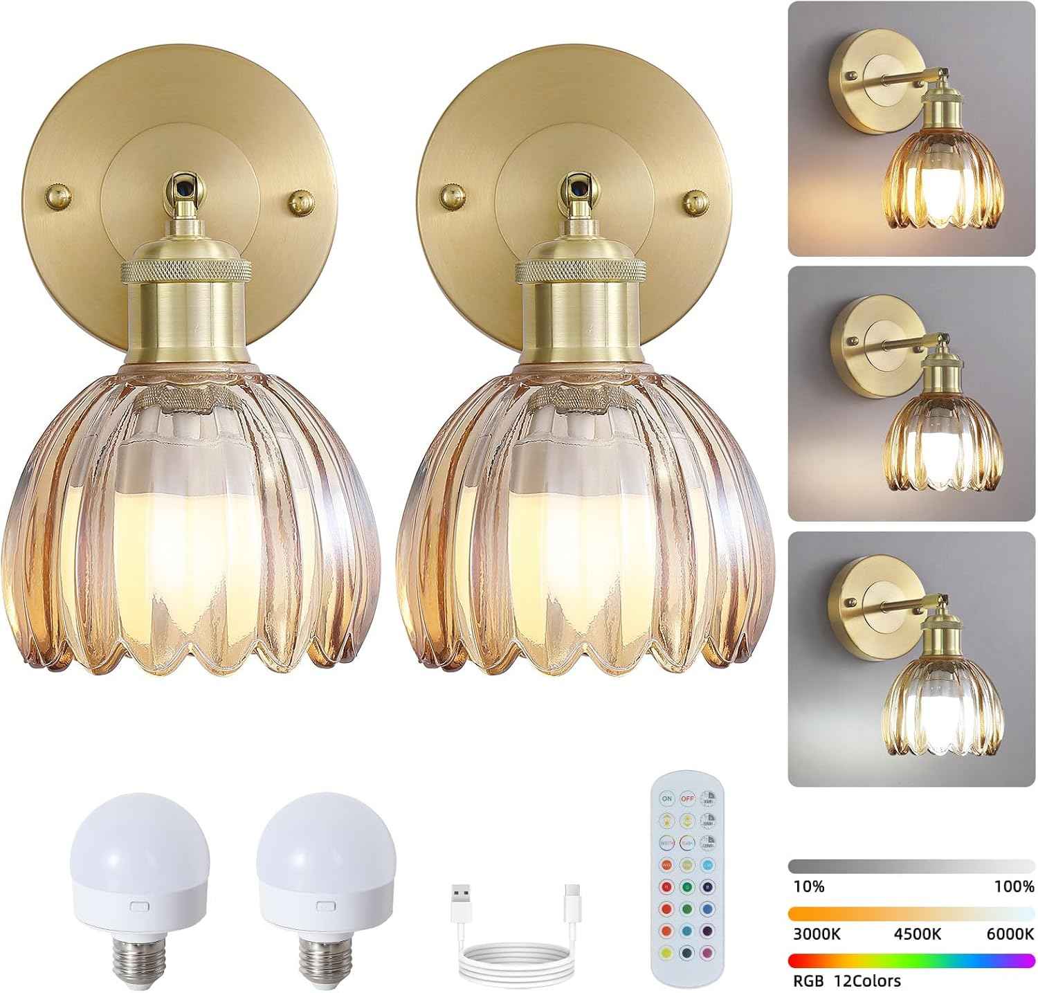 Rechargeable Vintage Wireless Wall Sconces - Gold LED Tulip Glass Lamps with Remote Dimming for Bedroom & Living Room
