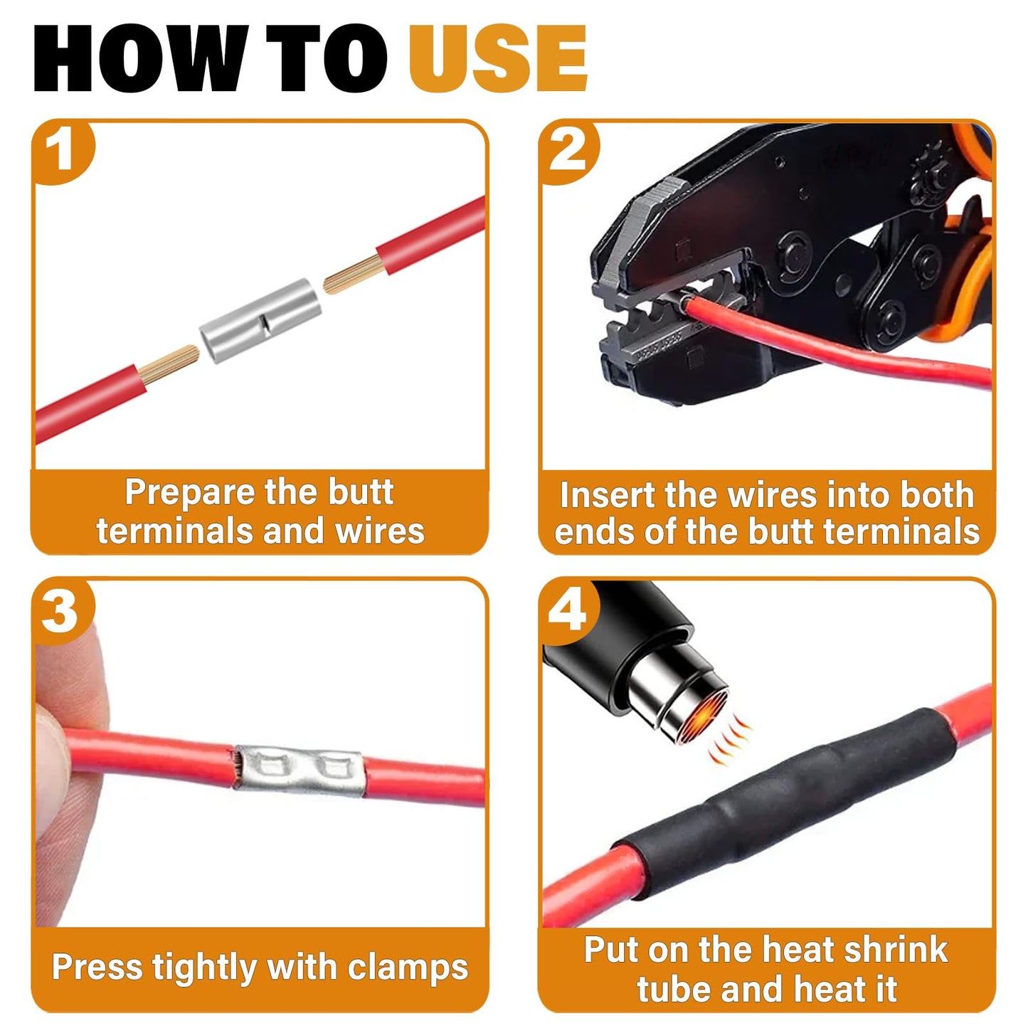 JTAREA 7 Values Non Insulated Butt Connectors Crimp with Heat Shrink Tube Uninsulated Wire Crimps Connector Pure Copper Splice for 22-16 16-14 14-12 12-10 8 6 4 AWG Gauge Wiring (Pack of 100pcs)