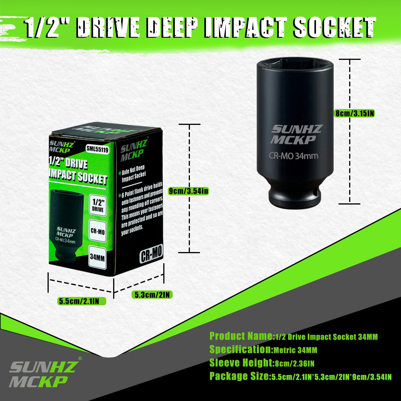 SUNHZMCKP 1/2 Inch Drive Impact Socket - Metric 34 mm Deep 6 Point CR-MO Axle Nut Impact Grade for Easy Removal