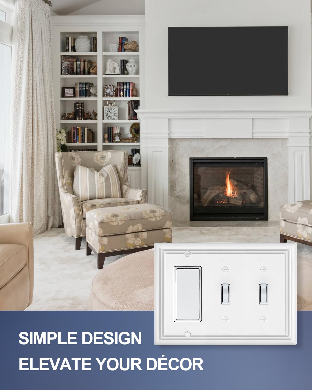 ZILLSEA Pure White 2 Toggle/1 Decorator Wall Plates, 1-Pack Combo Double Toggle/Single Rocker Switch Plates, Durable Metal, 3-Gang, 6.77''*4.88'', Midsize