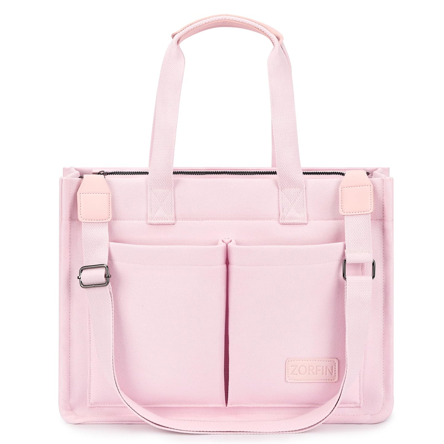 ZORFIN Canvas Tote Bag for Women with Zipper and Compartments Crossbody Work Laptop Bag for Travel College Office, Pink