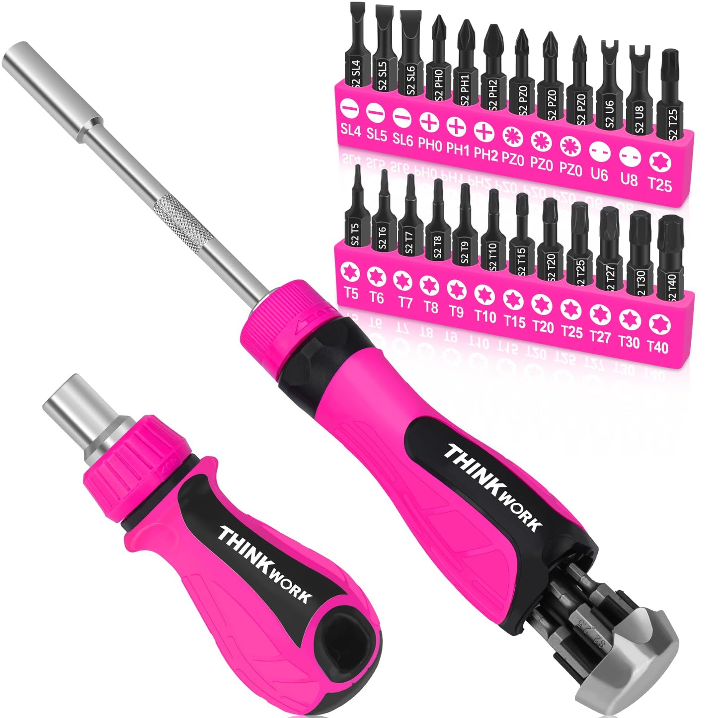 32-in-1 Ratcheting Screwdriver Set, 90&240mm Ergonomic Cushion Grip Handles, Includes Torx, Phillips, U-shape, Pozi, Slotted, Hex Bit Set for Women Men DIY Office & Home Repair, 32PCS Hand Tools Kit