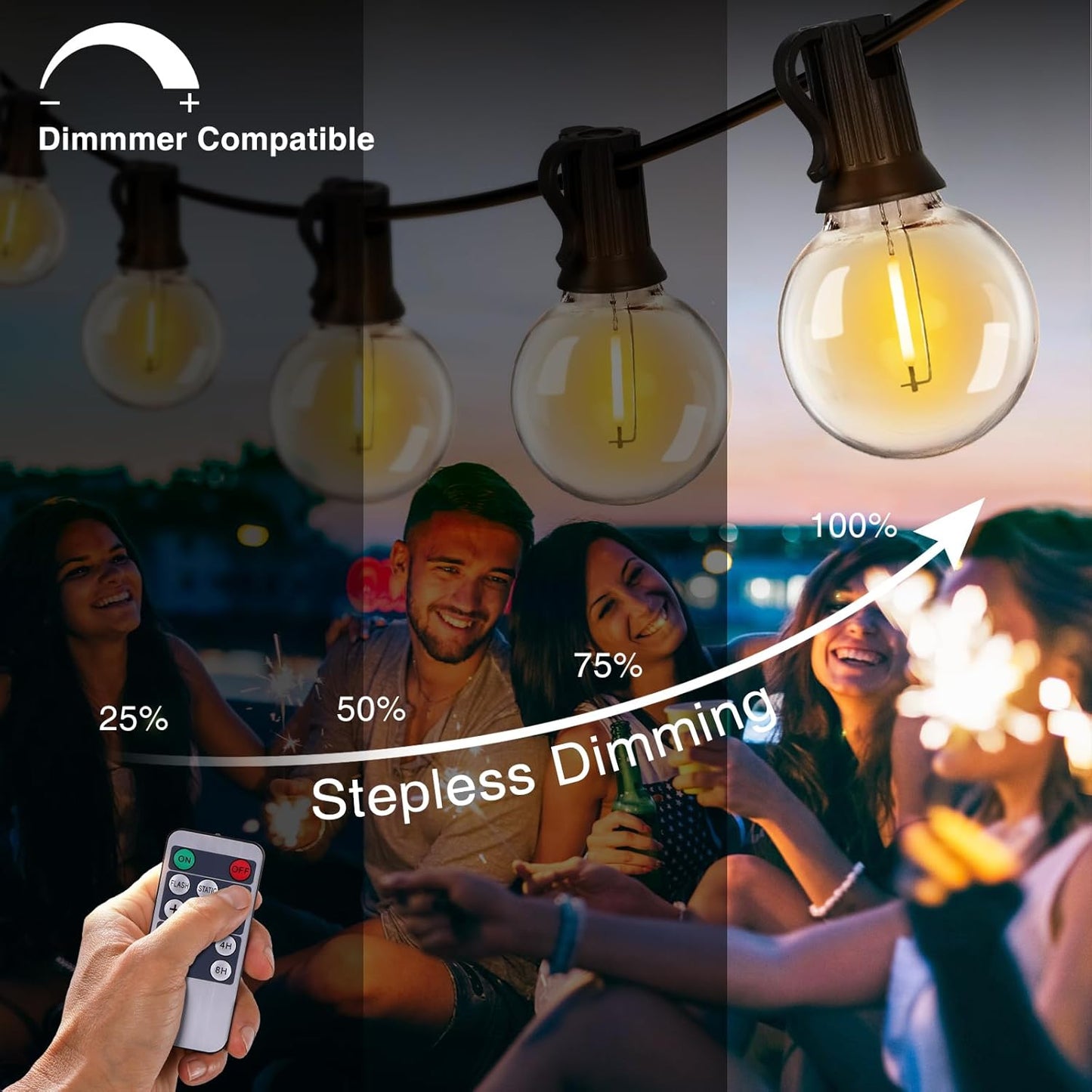 100FT Solar Powered String Lights with Remote - Waterproof G40 Patio Lights, 30 Shatterproof Bulbs, 3 Modes for Camping & Backyard