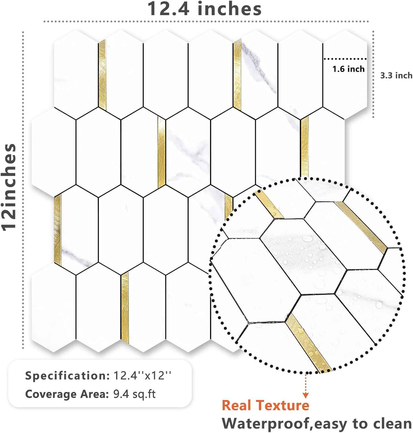 Glossy Wood Grain Peel and Stick Backsplash Tile - 10 Sheets Hexagon Mosaic for Kitchen & Bathroom, 12.4 x 12 Inch