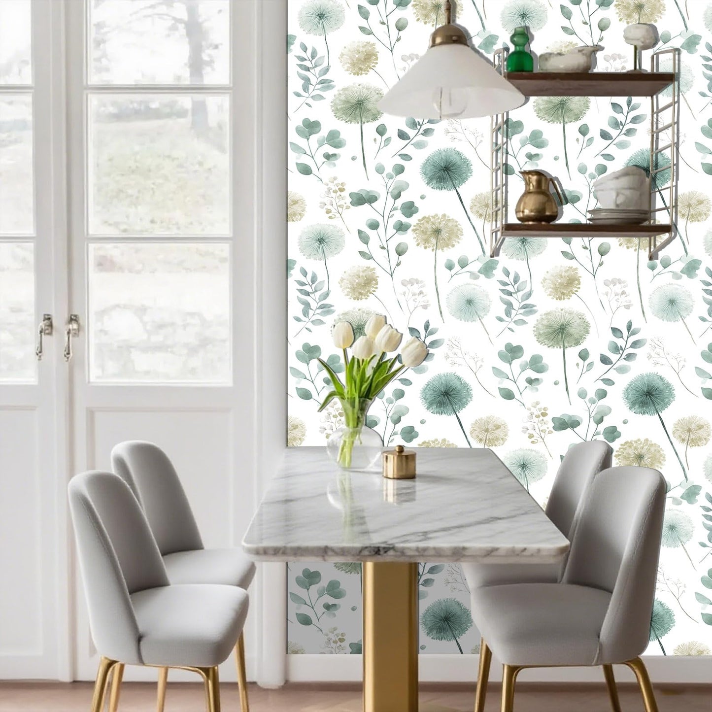 Wookmmy Sage Green Leaf Dandelion Peel and Stick Wallpaper Modern Botanical Eucalyptus Contact Paper Removable Waterproof Self Adhesive Wallpaper for Bedroom Bathroom Cabinets Farmhouse 17.7"x78.7"