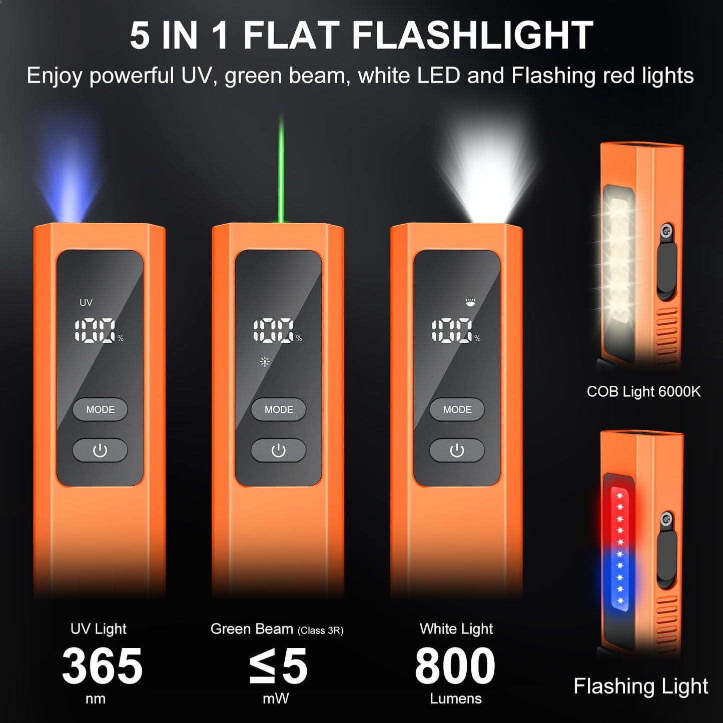 WeteamnoI 5 in 1 PRO EDC Flashlight Flat with Green Beam, UV Light, 800LM White Light LED Combo, LT010 Portable Pocket Flash Lights with Magnet for Outdoors Emergency and Work(Orange)