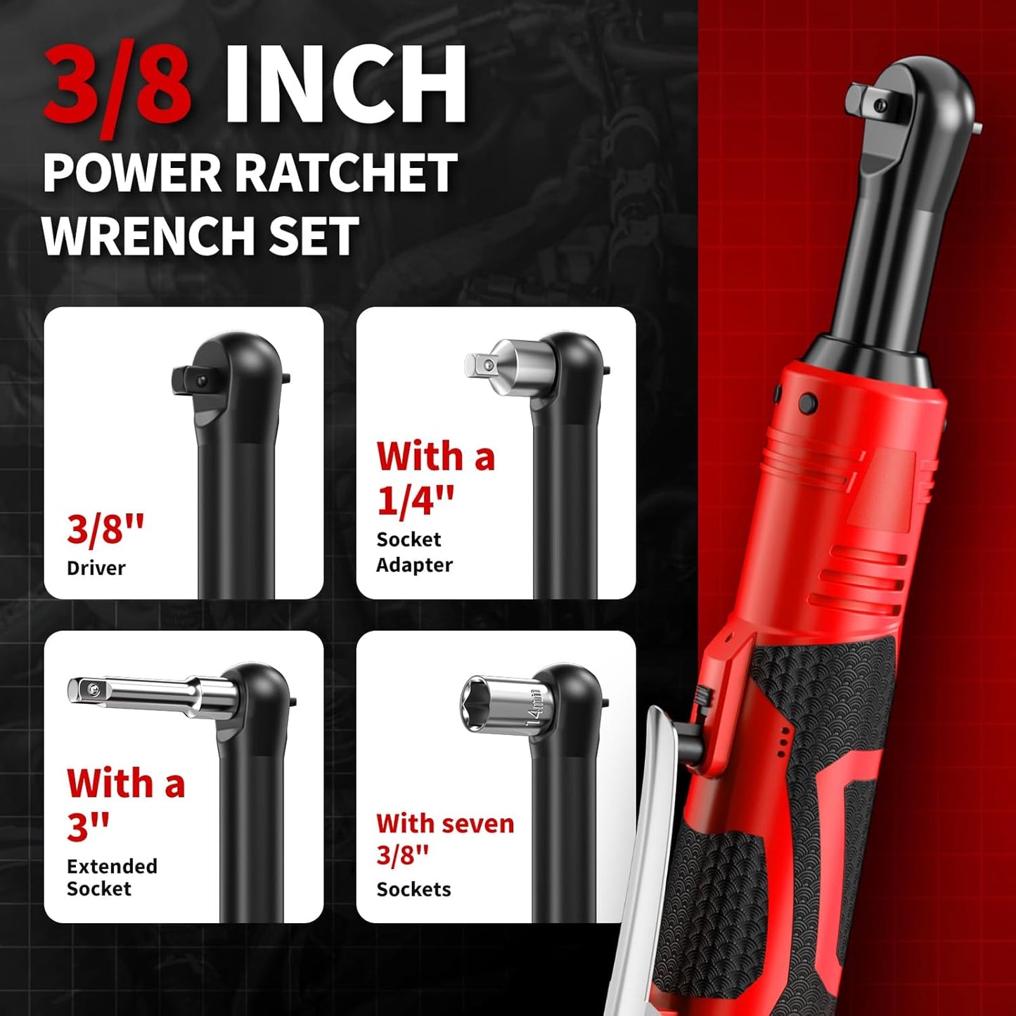 40 Ft-lbs Cordless Electric Ratchet Wrench Set - 16.8V Power Tool with 550 RPM, 1/4" Adapter & LED Light, Includes 2 Li-ion Batteries & Fast Charger