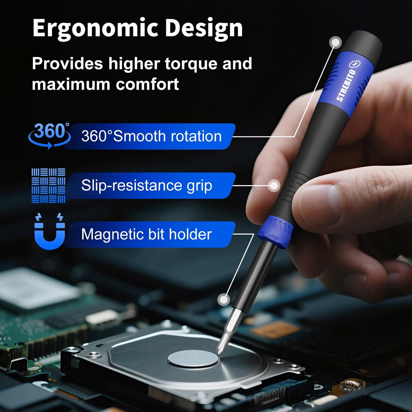 STREBITO Small Precision Screwdriver Set 64-piece with Torx, Triwing, Pentalobe, Electronics Repair Tool Kit for Computer, PC, Laptop, Macbook, Tablet, Phone, PS5, XBOX, Switch, Glass, Ring Doorbell
