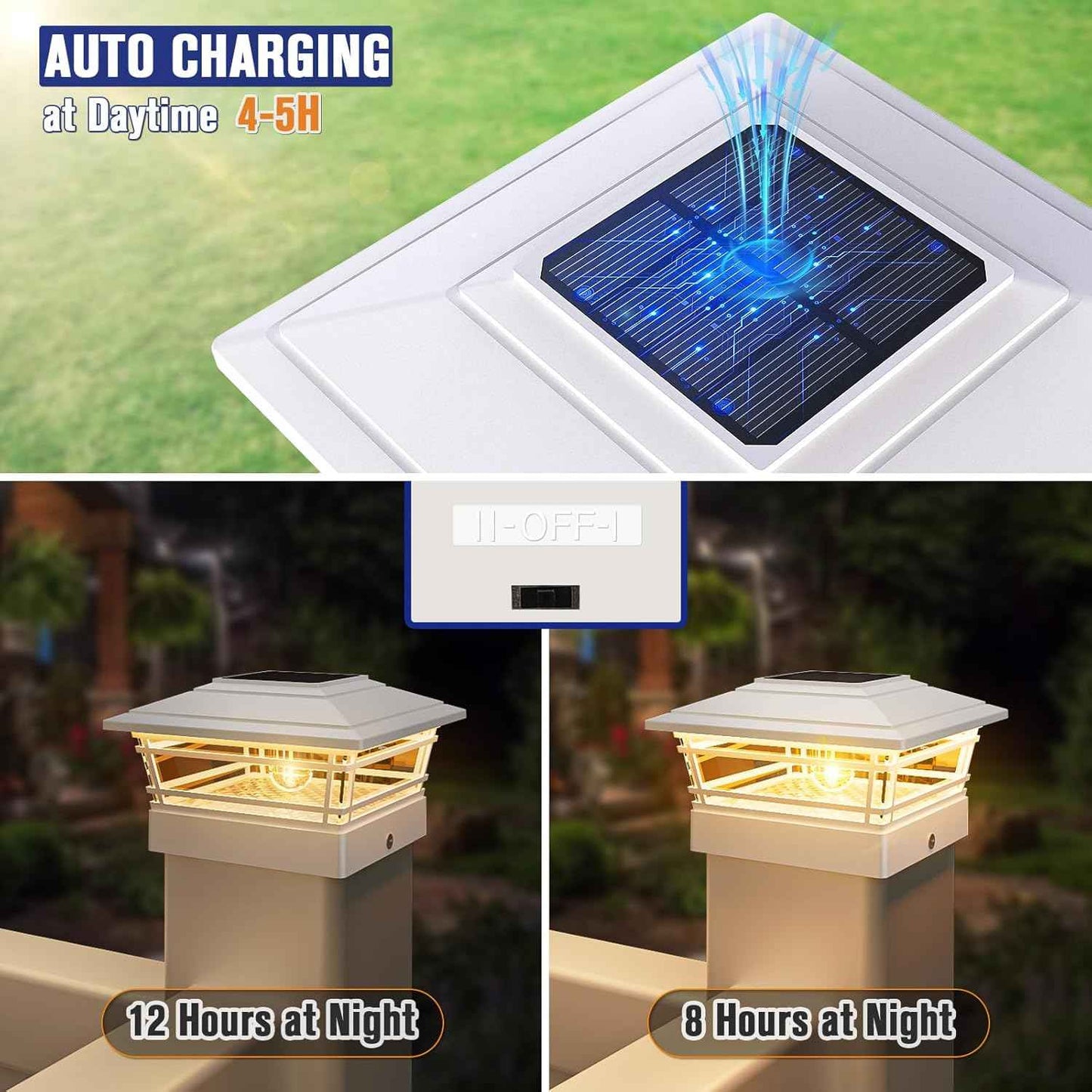 Solar Post Cap Lights 8-Pack - Adjustable Brightness Warm White, IP64 Waterproof, Vintage Edison Bulbs for 4x4, 5x5, 6x6 Fence & Deck Posts - Black