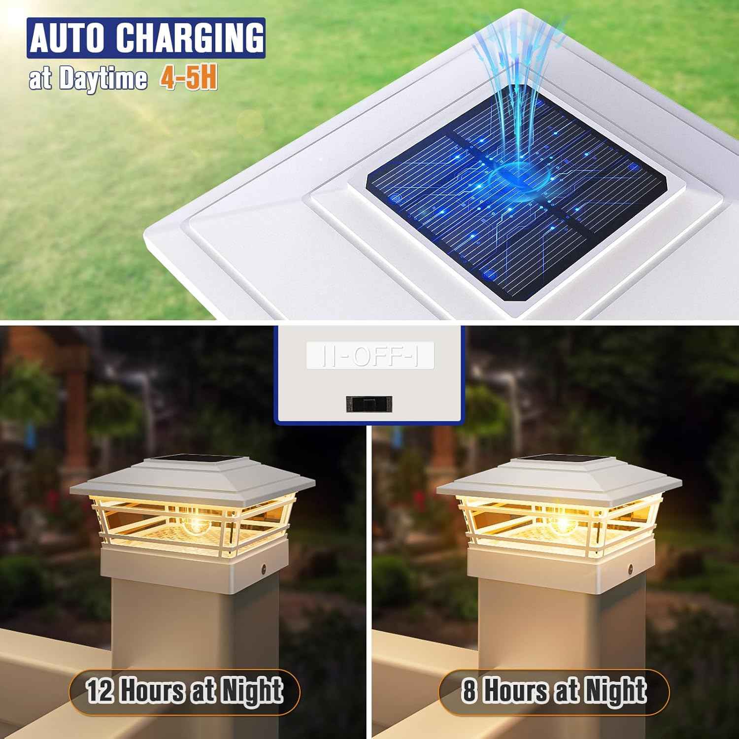 Solar Post Cap Lights 8-Pack - Adjustable Brightness Warm White, IP64 Waterproof, Vintage Edison Bulbs for 4x4, 5x5, 6x6 Fence & Deck Posts - Black