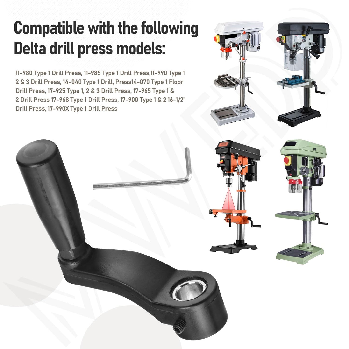 Drill Press Table Elevation Crank Handle 1344258 for Delta drill Press Table, having a 14.5 mm (9/16") diameter elevating shaft and 6" swing