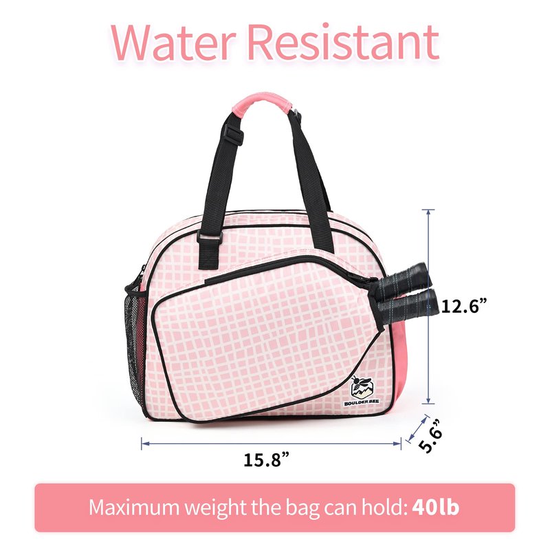 Boulder Bee Pickleball Bags, PickleBall Tote Bag for Women, Women’s Hand/Shoulder Gym Bag w Water Bottle Holder, With Pickleball Racquet/Paddle Holder (Pink Plaid)