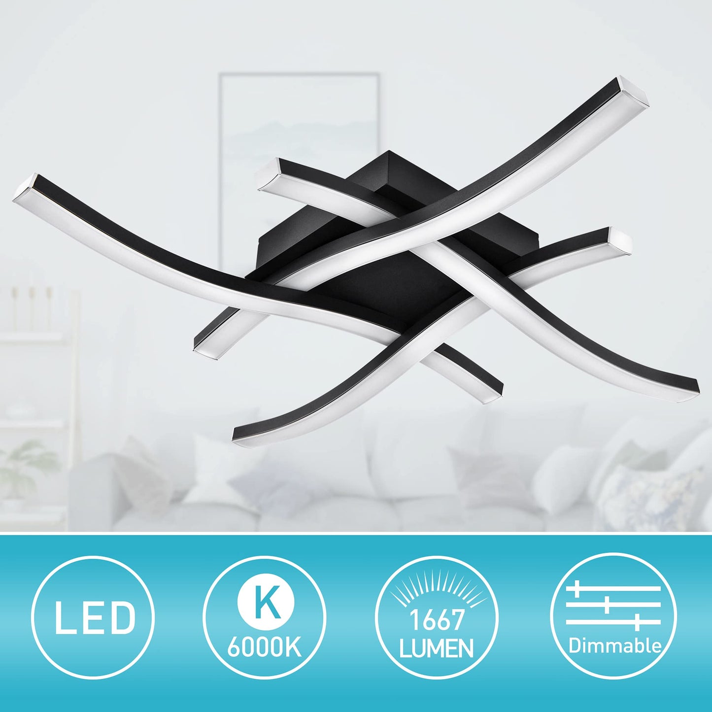 EDISLIVE Modern Dimmable LED Ceiling Light Curved 4-Light 18 in Minimalist Flush Mount Ceiling Light Fixture Lamp for Bedroom Foyer Kitchen 6000K 24W Black