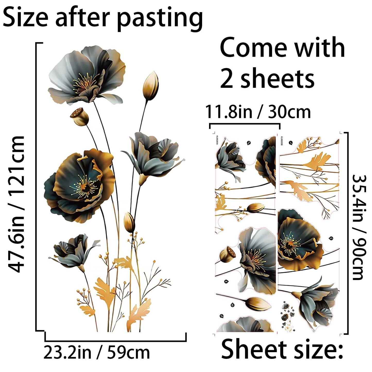 Black Gold Wall Decals 3D Flower Wall Sticker, Classical Plum Blossom Flower Decals Peel and Stick 3D Wall Art Murals for Girls Bedroom Nursery Living Room TV Home Decor