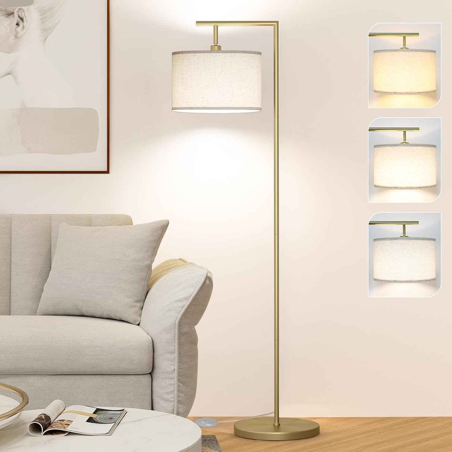 Adjustable Black Floor Lamp for Living Room - 3 Color Temperatures & Beige Linen Shade