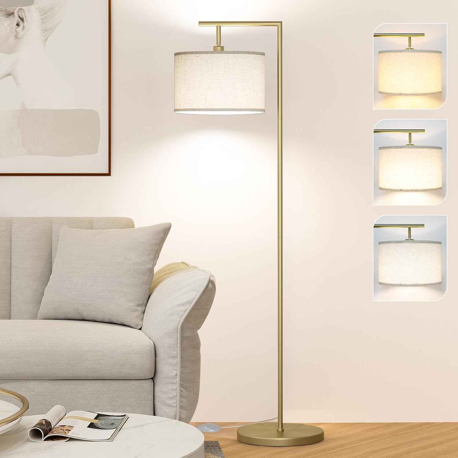 Adjustable Black Floor Lamp for Living Room - 3 Color Temperatures & Beige Linen Shade