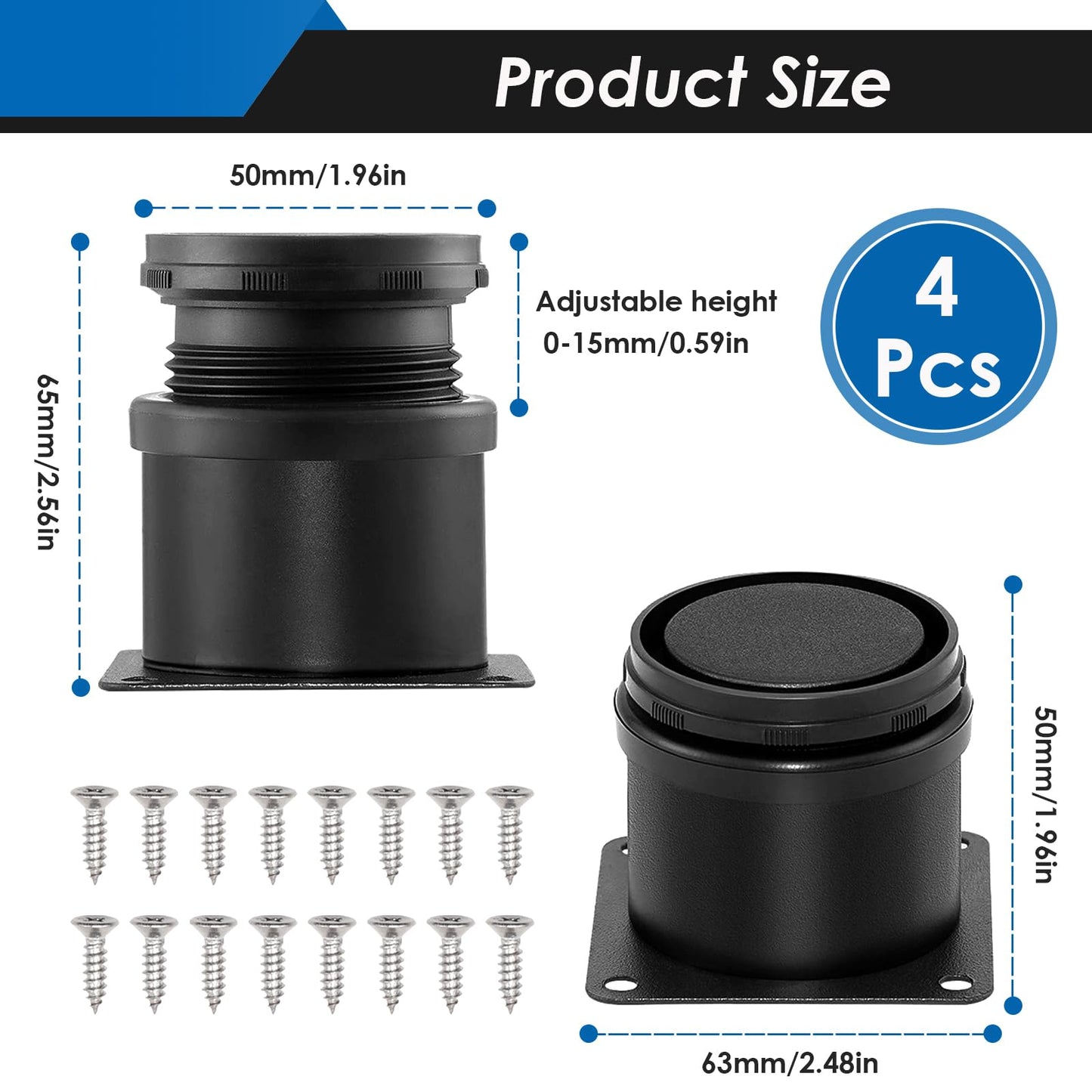 Eoppen 4-Pack 2 Inch Furniture Legs, Stainless Steel Adjustable Round Cabinet Legs with 16Pcs Screw for Cabinet Sofa Shelves Table DIY Furniture(Black 50x50mm)