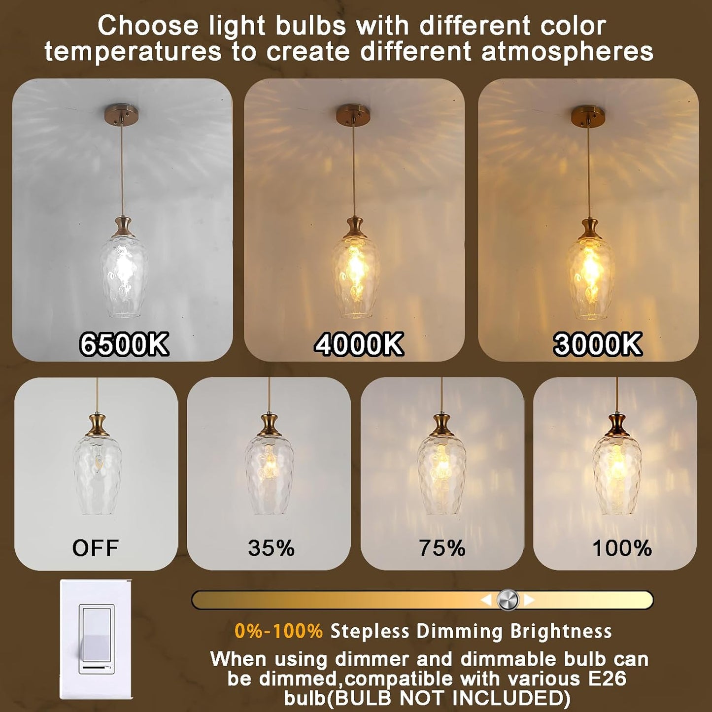 Brushed Nickel Glass Pendant Light Fixture - Modern 1-Light Hanging Lamp for Kitchen Island & Dining Room