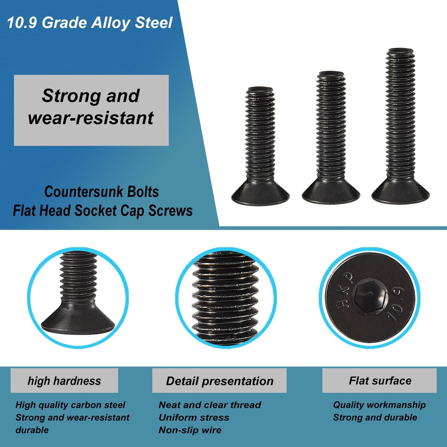 Joamang M4 x 20mm 25mm 30mm 35mm 40mm Flat Head Hex Socket Cap Screws Countersunk Bolts, 10.9 Grade Alloy Steel, Black Oxide Finish, Metric Allen Hex Drive, Fully Threaded, Assortment Kit 50Pcs