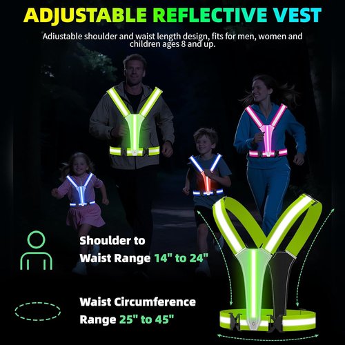 LED Reflective Vest - Adjustable Running Gear with 5 Light Colors & 3 Modes | Perfect for Men, Women & Kids