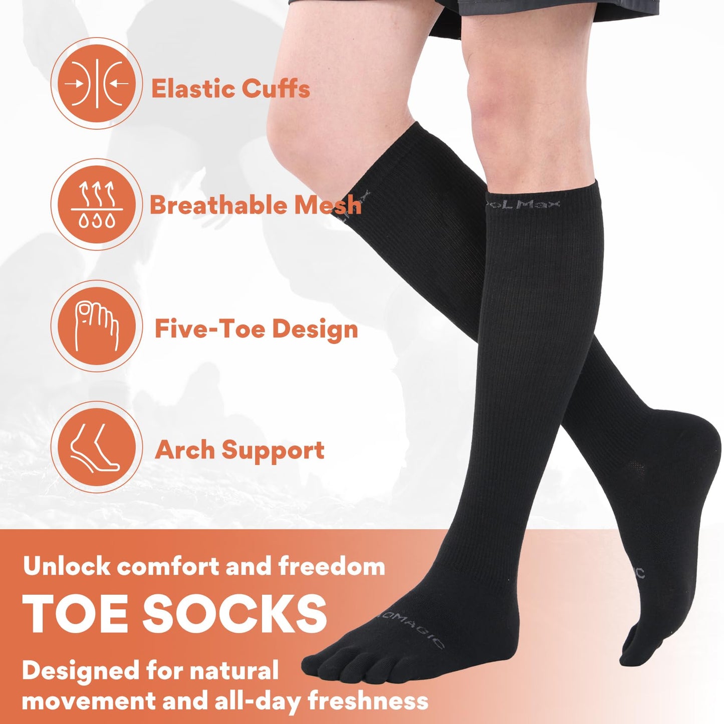 aomagic Knee-High Toe Socks - Coolmax 5-Finger Athletic Hiking Socks, Anti-Blister & Moisture-Wicking, 3 Pairs/Black - Large