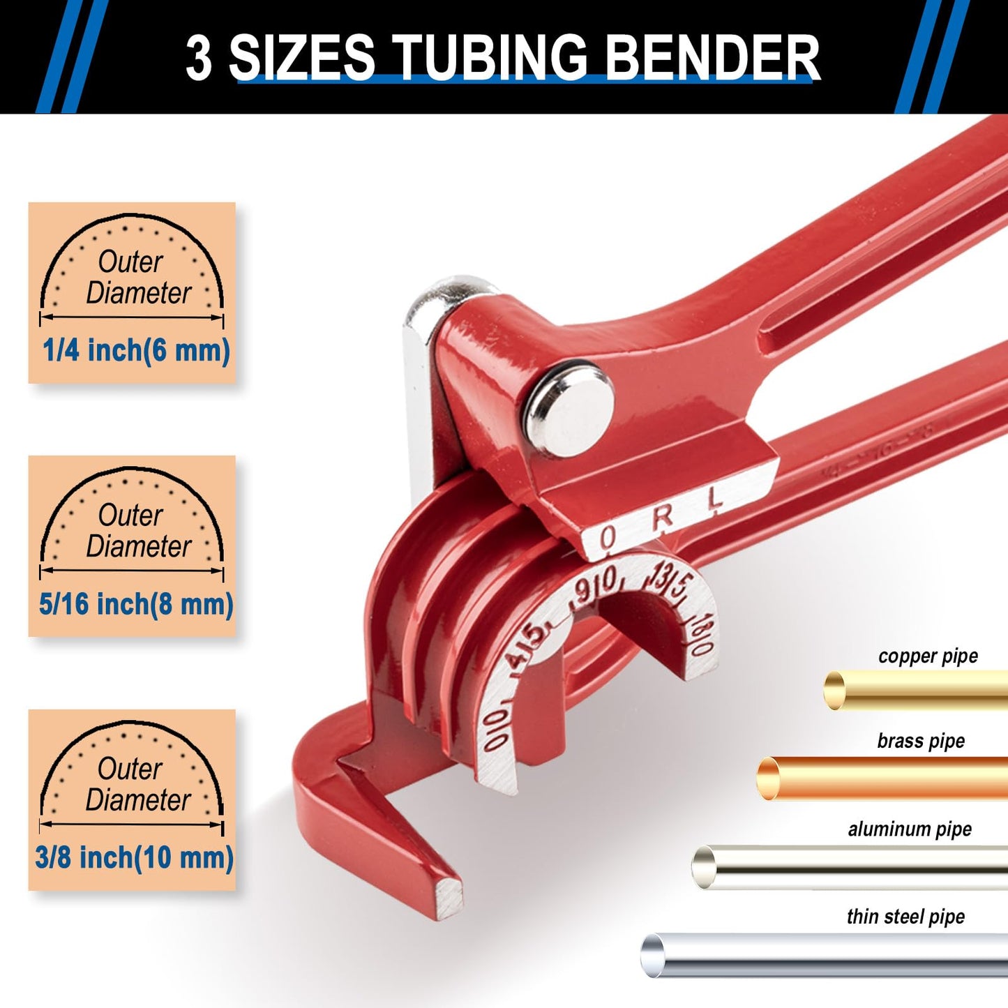 SYIZYEN 3 In 1 Tubing Bender, 0-180 Degrees Tube Bender Manual Pipe Bender Tool for 1/4 5/16 3/8 Inch Copper Aluminum Brass and Thin Steel Pipes(Red)