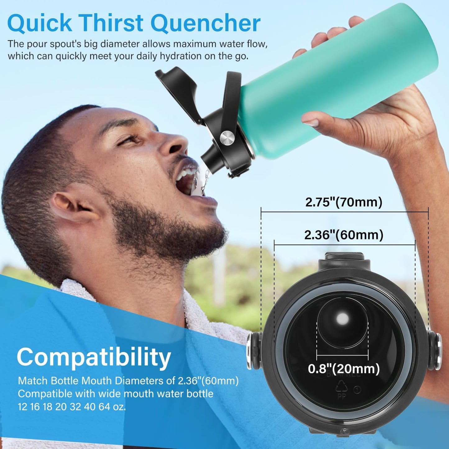Auto Spout Lid for HydroFlask Wide Mouth Sport Water Bottles, Replacement Lid for Hydro Flask Wide Mouth 12, 16, 18, 32, 40, 64oz, Chug Lid with Flexible Handle, Button Lock, 2 Pack