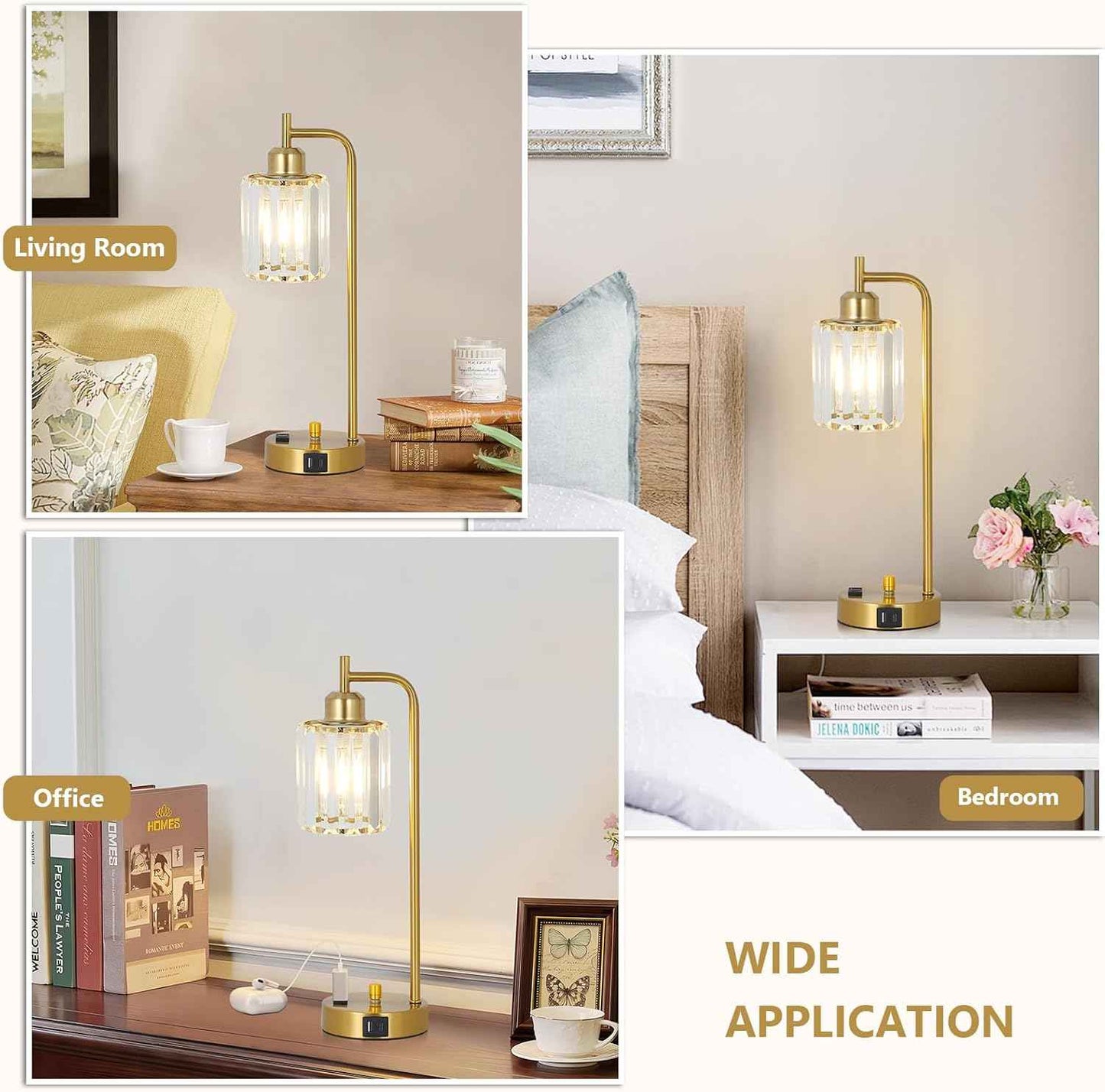 Modern Gold Crystal Table Lamps Set of 2 with LED Bulbs & USB Port - Elegant Bedside Lighting