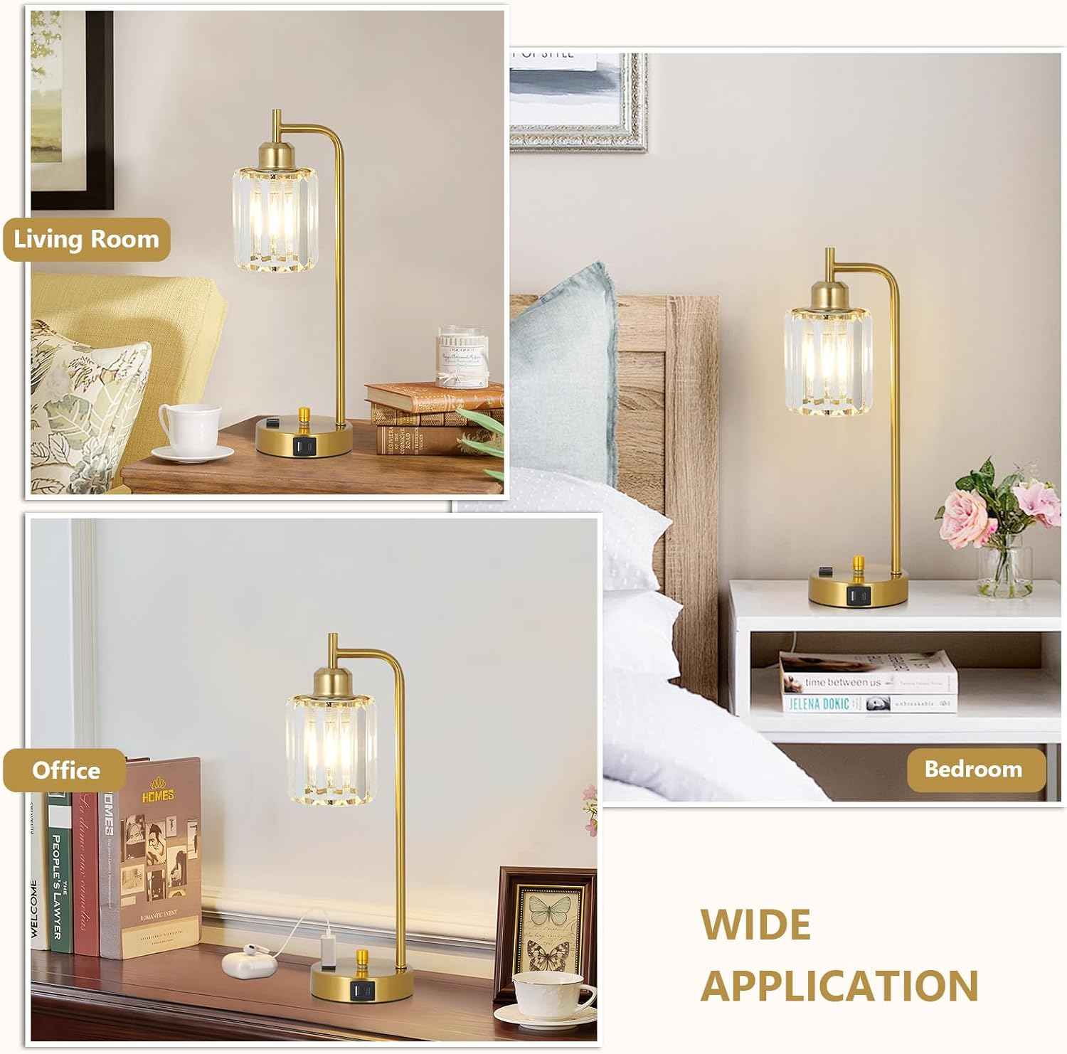Modern Gold Crystal Table Lamps Set of 2 with LED Bulbs & USB Port - Elegant Bedside Lighting